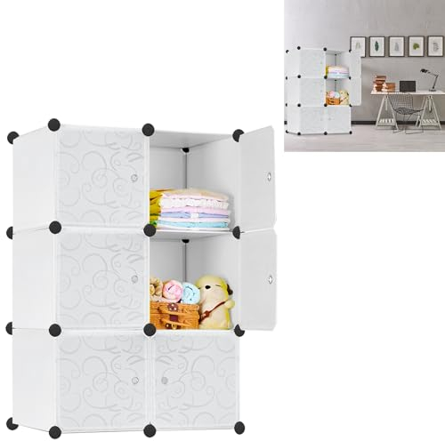 YUENFONG Kleiderschrank Regalsystem aus 6 Würfeln PP Material, Garderobenschrank mit Türen Tragbarer Steckregalsystem, für bücher Kleidung Spielzeug(Weiß)