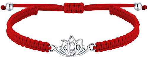 J.Endéar Armband Lotus für Damen Mädchen, Silber 925 Lotusblüte Handgefertigtes filigranes Kordelarmband, Amulett Glücksschmuck Geschenk für Frau Freundin Tochter, Rot