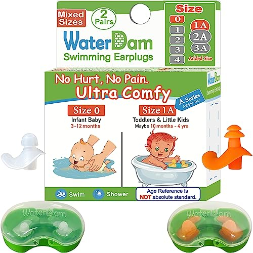 WaterDam Bouchons d'oreilles de natation ultra confortables et imperméables pour éviter les oreilles du nageur (taille 0 + 1A : nourrissons, bébés, tout-petits de 3 à 18 mois (orange clair)
