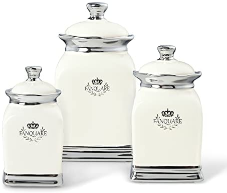 fanquare Keramik Vorratsdosen mit Deckel in Weiß, 3 Stück Set Kaffeedose, Vintage & Dekorativ Aufbewahrungsdosen für Kaffee Tee Müsli