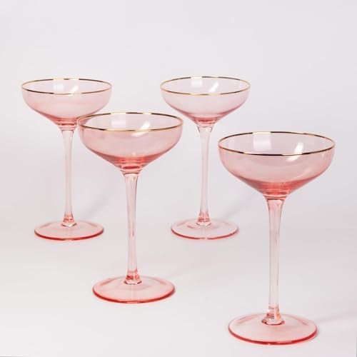 REAWOW Pink Champagne Glasses Set of 4 Champagne Coupe Glasses 5OZ Classic Cocktail Glassware Gilded Dessert Cup Creative Unique Gift