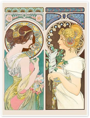 Schlüsselblume & Feder Poster von Alfons Mucha 30 x 40 cm Beige Wandbilder Wanddeko