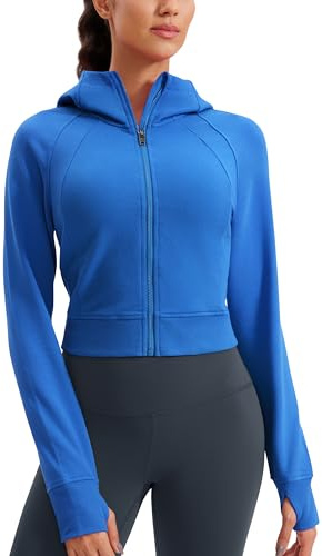 CRZ YOGA Women's Fleece Zip Up Jackets Full Zip Workout Cropped Hoodie Casual Long Sleeve Sweat Jacket with Thumb Holes Sparkle Blue 12