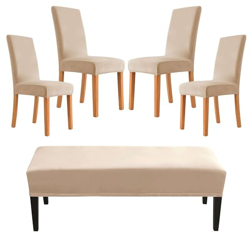 JHLD Samt Stuhlhussen, Stuhlbezug Stretch Universal-Bezug Für Esszimmer-Bank Waschbar Stuhlhusse Für Esszimmer Bankett Hotel-helles Khaki-5 Stück