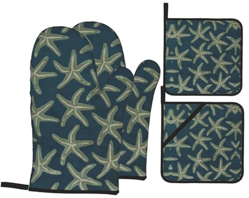 Ensemble de gants de cuisine et maniques élégants en laine côtière en forme d'étoile de mer - Tissu résistant à la chaleur et facile à nettoyer