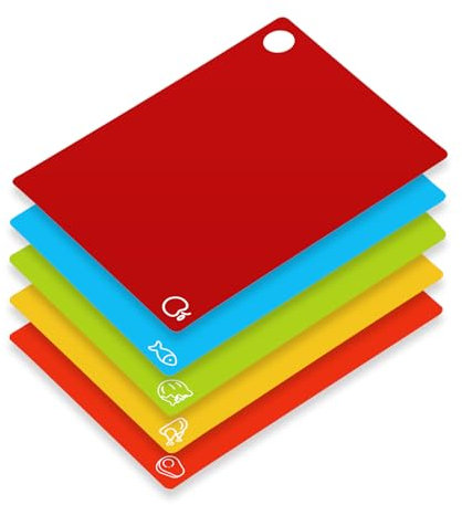 GoodLuck Plastic Chopping Boards,5 Pcs Flexible Cutting Boards for Kitchen with Hanging Hole and Food Icons,Non Slip Antimicrobial Chopping Board Set, Dishwasher Safety