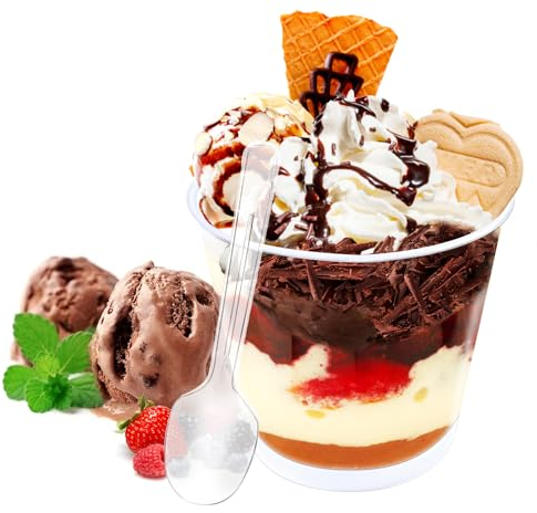 Huiyoulan Dessertgläser Plastik,50 Stück Dessertbecher mit Löffeln,200ml Dessertschalen Plastik,Wiederverwendbar Dessertgläser,für Mousse Pudding Eiscreme Dessertparty Hochzeiten