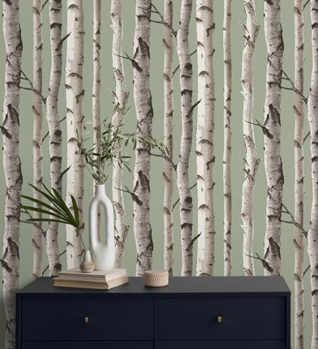 GAULAN 682373 - Tapete, Abwaschbar. Tapete mit Baumstamm-Motiv im nordischen Stil in Hellgrün für Wohnzimmer Schlafzimmer Flur Esszimmer Bettkopfteil Hall - Rolle 10 m x 0,53 m