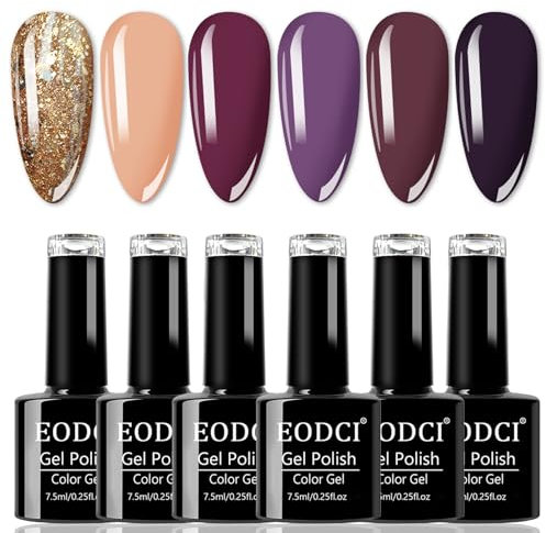 Eodci Coffee Cafe Collection 6 Farben Nudes Sparkle Golden Glitters Gel Nagellack, UV LED Braun Soak Off Nagellack Gel, Purple Soak-Off Nail Polish Maniküre Set für Anfänger Art Salon