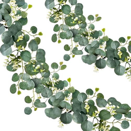 ROLLWAY 2 Stück Eukalyptus Girlande, Künstliche Girlande Pflanze 1,8m Hängend Grüne Blätter Deko mit Weiße Blumen Silberdollar Eukalyptusranke für Hintergrund Hochzeit Bogen Grau Grün
