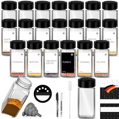 Miorkly Gewürzgläser Set,24er Gewürz Organizer,Schwarze Gewürzbehälter mit Unterschiedlich Öffnungen,Gewürzdosen Eckig mit Deutsche Etiketten,Bürsten, Stifte, Trichter