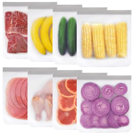 QEEYON Reusable Gallon Freezer Bags, 8 Pack Dishwasher Safe Food Storage Bags with Extra Thick Leakproof Silicone Zip-lock, Large Freezer Bags for Marinate Meats, Fruits, Sandwich, Vegetable, Cereal