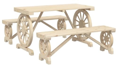 vidaXL Garten Essgruppe 3-TLG., Gartengarnitur mit Wagenräder-Design, Sitzgruppe für Garten Terrasse, Gartentisch Bänke Gartenmöbel, Landhausstil, Massivholz Tanne