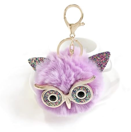 Wisafory Schlüsselanhänger Eule Plüsch Ball Keychain Schlüsselbund Fellbommel Anhänger mit Strass Niedlichen Eule Ornament Schlüsselanhänger Taschenanhänger Zubehör für Frauen Mädchen Lila