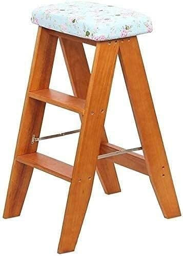 SZITW Tritthocker Klappstuhl für Trittleiter Hocker/Leiter mit 3 Stufen Treppenstuhl aus Holz Blumenschwamm Sitzfläche 150 kg Tritthocker (Größe: Natur)