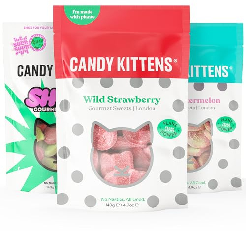 Candy Kittens Vegan Sweets Mini Luxe Selection (3 x 140g) – Vegan Chewy Sweets Bundle, Wild Strawberry, Sour Watermelon & Shox – Ideal Snacks for Sweet Hampers & Pick and Mix | Gourmet Pick & Mix Vegan Sweets Bundle, No Gelatine, Real Fruit Juice - No Nasties, All Good