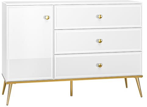 Lomadox Kommode Sideboard Anrichte in weiß Hochglanz mit goldfarbenen Griffen und Füßen, B/H/T: ca. 120/85/40 cm