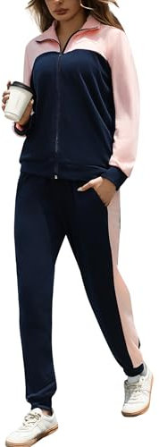 Jezonga Survetement Femme Ensembles Sportswear à Manches Longues Ensemble de Sport 2 Pièces Costumes de Sport à Zippé Tenue de Sport Décontractée Vêtements de Sport Outwear Jogging Rose-Bleu Foncé L
