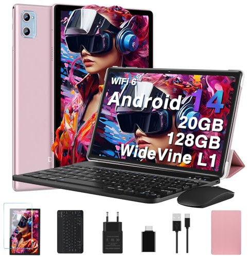 DEERTiME 2025 Newest Tablet 10 Pulgadas Android 14 Octa-Core 20GB RAM+128GB ROM/TF 2TB,con Widevine L1 | 5G WiFi 6 | BT5.0 | 6000mAh | 5MP+8MP | GMS Tablet PC con Teclado, Funda y Ratón- Oro Rosa
