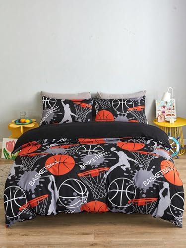 Generisch Kinderbettwäsche 135x200cm Jungen Basketball Bettbezug Set 3 Teilig Basketballsport-Cartoon Microfaser Einzelbett 3D Motiv Luxus Modern mit Reißverschluss und 2 Kissenbezüge 80 x 80cm