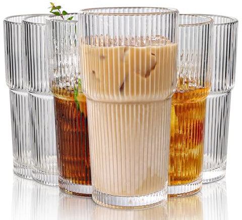 WeirdUncle Set of 6 Oversize Ribbed Glassware,20oz Vintage Clear Glass Tumbler, Origami Style, Fluted Design, Ideal for Water, Iced Coffee, Juice, Milk Tea, Beer, Housewarming Gift