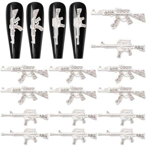 CRASPIRE 32Pcs/Box Gun Nail Charms 2 Styles 3D Y2K Luxury Rhinestone Silver Nail Gems Set Metal Alloy Flat Gothic Vintage Punk Studs Decor for Women Acrylic Nail Art DIY Crafts Jewelry Christmas Decor