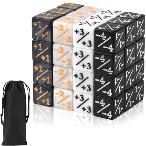 AILUYA 48 Stücke Würfel Zähler, 4 Farben Magic Würfel Set mit Plus-Oder Minuszeichen, Magic The Gathering Würfel mit Aufbewahrungsbeuteln, Token Würfel Magic The Gathering Zubehör für Tischspielen