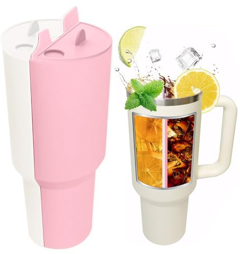 TOEECY Stanley Cup Accessories Silicone Liner Separator 2 in 1 Reusable Drinks Divider 40 oz Insertable Straw for Leisure Parties (White + Pink)