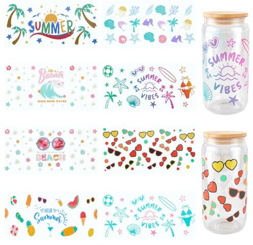 SOFPLATE 8 Stück 8 Stile Sommer Becherverpackungen Aufkleber Für Glasbecher Großpackung Transparenter Kunststoff Urlaubs Meer Ozean Strand Muster Transfer Wasserfeste Aufkleber Für Trinkgläser Holz