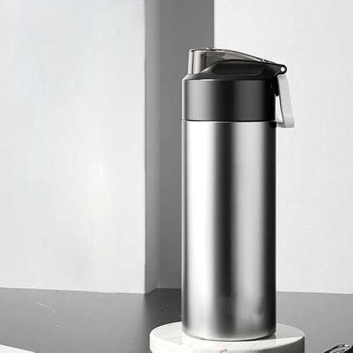 Longiang Edelstahl Trinkflasche 600ml/1L – Auslaufsicher, Doppelwandige Thermosflasche, BPA-frei, Einhandöffnung, Sichere Verriegelung, Wasserflasche für Radfahren, Fitness, Sport (Silber, 600 ml)