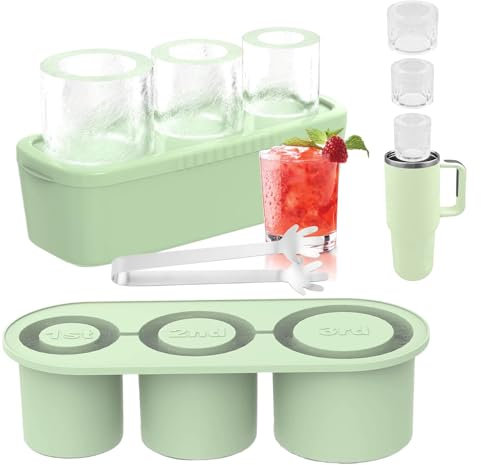 Ice Cube Tray for Stanley Cup 20-30-40Oz Tumbler, 3 Pcs Silicone Hollow Cylinder Stanley Cup Ice Mold, with Lid and Bin for Whiskey, Drinks, Coffee, Easy Fill and Release Ice Make (Green)