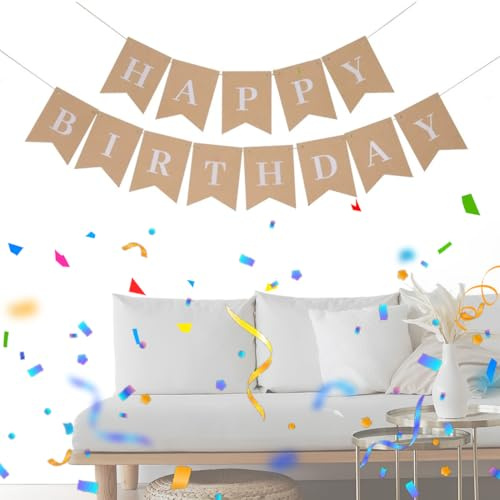 HUZNA Happy Birthday Banner, Vintage Leinen Girlande, 13 cm x 17 cm, Braun, Geburtstagsparty Dekoration, Innen-/Außenbereich