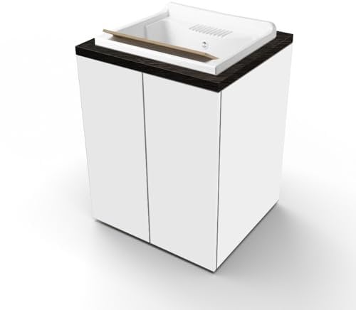 Liberoshopping Mobile Lavatoio in Legno 2 Ante con Vasca in Resina Bianco, Ripiano Interno, Apertura Push Pull, 71x65 cm, per Lavanderia e Spazi Piccoli (Bianco Lucido/Olmo Caffè)