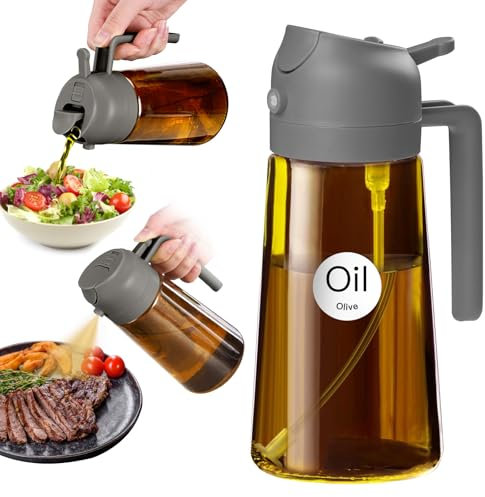 YARRAMATE - Pulverizador de aceite de 470 ml para cocinar, 2 en 1, con protección UV, con botella de cristal ámbar, apto para uso alimentario, para barbacoa