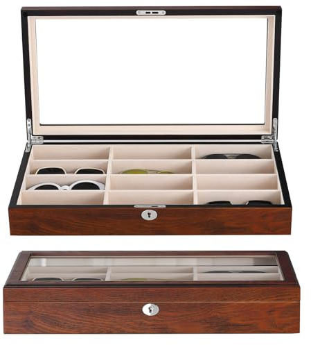 SYENS Aufbewahrungsbox für Sonnenbrillen aus Holz mit 12 Fächern, Brillen-Organizer – abschließbare Vitrine mit Glasfenster oben (12 Schlitze - Braunes Holz)