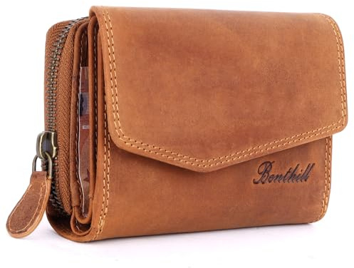Benthill Geldbörse Echt-Leder - Damen Portemonnaie mit RFID Schutz - Portmonee viele Kartenfächer - Frauen Vintage Leder Damenbörse inkl. Geschenkbox, Farbe:Brown - Tan (H)
