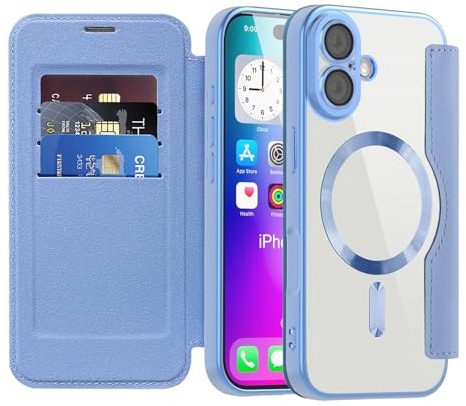 IMEIKONST Wallet Case for iPhone 17 with Card Holder [RFID Blocking], Compatible with MagSafe, Transparent Electroplated TPU Camera Protection Cover for iPhone 17. Light Blue JDCX
