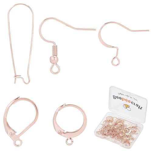 Beebeecraft 50Pcs 5 Styles French Earring Hooks Rose Gold Plated 304 Stainless Steel Round Leverback Huggie Ear Wire Fish Hooks for Jewellery Making Diy Ear Craft