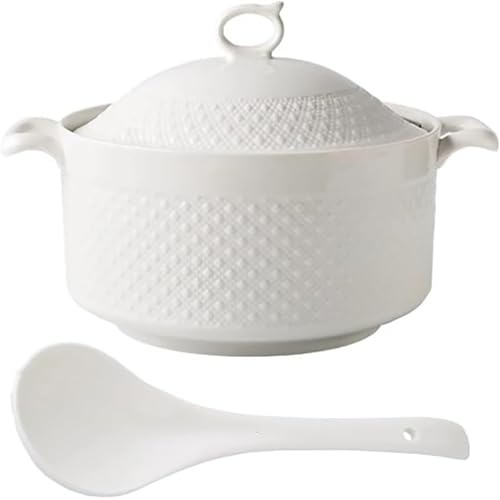 Ceramic Cooking Pot ，Small Copper Saucepans Soup Tureen with Lid 2.2L White Round Serving