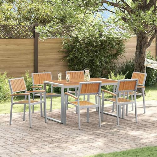 Hoopleep Garten Essgruppe 7-teilig, Grau Massivholz Akazie, 140x80cm Esstisch mit 6 Stühlen, Robustes Outdoor-Möbelset für Terrasse, Balkon, Garten