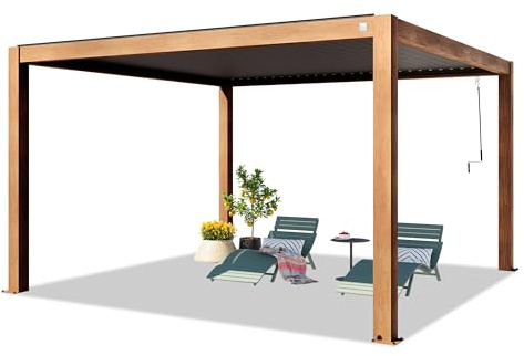 PRIMEYARD Pergola 4x4 m poteaux en Aluminium Aspect Bois avec Lames orientables en Aluminium pavillon