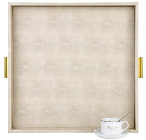 HofferRuffer Elegant Decorative Serving Tray, 20x20 Square Faux Leather Ottoman Tray with Gold Hardware Handles, Coffee Table Serve Tea Coffee or Breakfast (Light Grey, 20 x 20 x 2)
