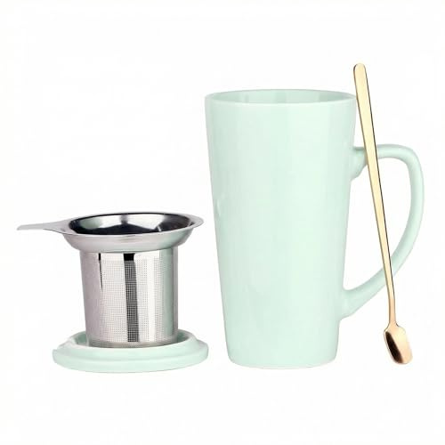 LOAMCRAF 15 Ounce Porcelain Tea Mug with Infuser, Lid and Spoon, Loose Leaf Tea Cup (Green)