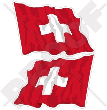 SCHWEIZ Schweizerisch Wehende Flagge, Fahne Suisse 75mm Auto & Motorrad Aufkleber, x2 Vinyl Stickers (Links - Rechts)