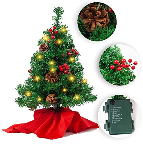 JOYIN - Mini albero di Natale con luci, 56 cm, da tavolo, con bacche di agrifoglio e pigne, 100 rami, luci a LED bianche calde, in sacchetto di stoffa rosso, per le migliori decorazioni