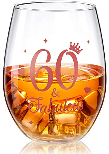 Stemless Wine Glass Rose Gold Birthday Wine Glass Present Anniversary Glasses for Man Women Birthday Party Wedding Anniversary Decorations, 17 oz (60 and Fabulous)