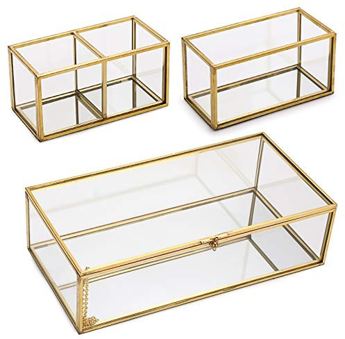 SUMTree Joyero vintage de metal y cristal, 3 joyeros, soporte para joyas, escritorio, organizador de brochas de maquillaje, para joyas de mujer, anillo para guardar joyas (dorado, rectángulo)