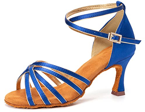 HIPPOSEUS Women's Latin Dance Shoes Blue Open Toe Ballroom Salsa Dance Practice Shoes 3 inch Heel,5 UK