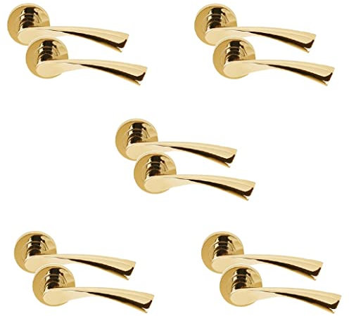 Golden Grace Astrid Twist Design Door Handles On Round Rose in Polished Brass Finish - 5 Pairs
