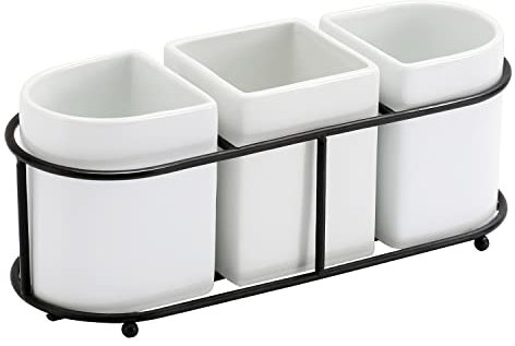 Buyajuju 3 Ceramic Flatware Holder Caddy with Metal Rack, Utensil Holder Caddy For Spoons, Knives and Forks Cutlery Organizer
